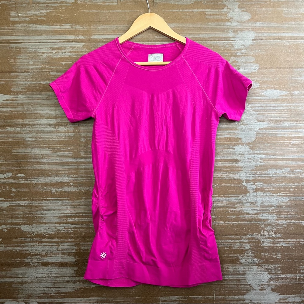 Athleta Finish Fast Hot Pink Ruched Tee Shirt Logo Workout Running